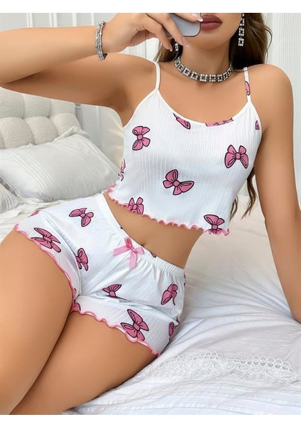 Arias Closet Pamuklu Beyaz Üstüne Pembe Kurdela Desenli Fitilli Askılı Şortlu Pijama Takımı