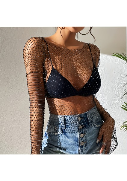 Kollu Bluz Taş Işlemeli File Şeffaf Bluz – Parıltılı Crop Tül Üst