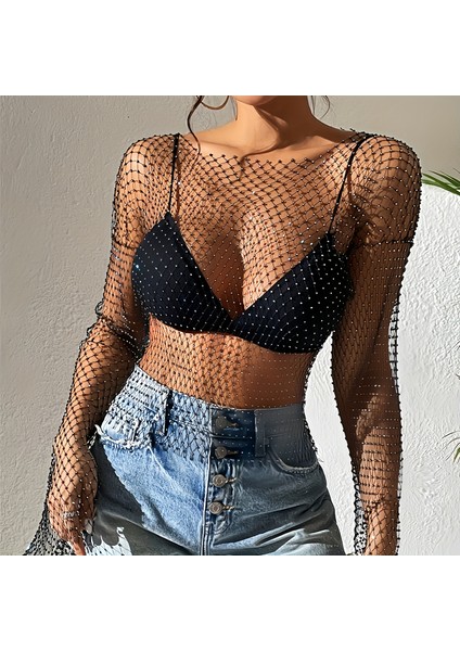 Kollu Bluz Taş Işlemeli File Şeffaf Bluz – Parıltılı Crop Tül Üst fiyatları