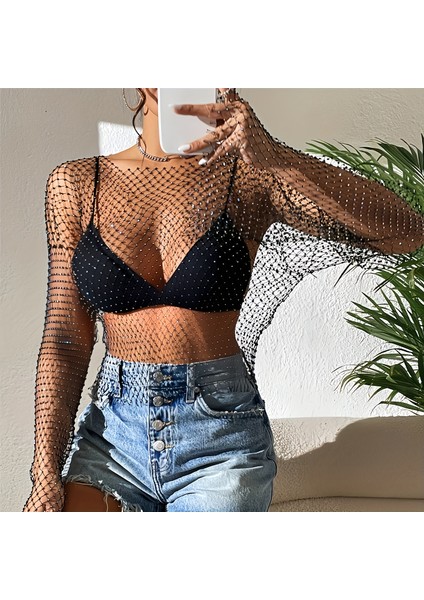 Kollu Bluz Taş Işlemeli File Şeffaf Bluz – Parıltılı Crop Tül Üst modelleri