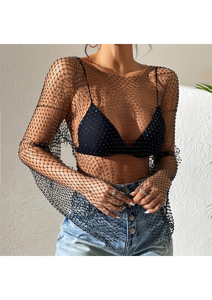 Kollu Bluz Taş Işlemeli File Şeffaf Bluz – Parıltılı Crop Tül Üst indirimleri