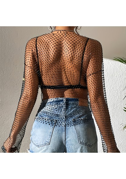 Kollu Bluz Taş Işlemeli File Şeffaf Bluz – Parıltılı Crop Tül Üst