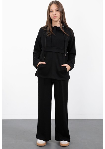 Siyah Yarım Fermuarlı Kapüşonlu Kız Çocuk Geniş Paça Eşofman Takımı 23408