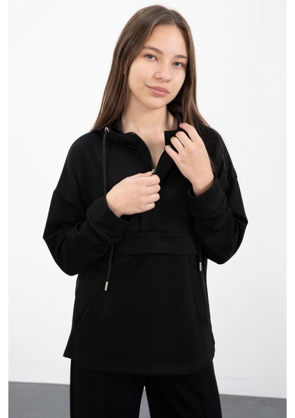 Siyah Yarım Fermuarlı Kapüşonlu Kız Çocuk Geniş Paça Eşofman Takımı 23408 fiyatları