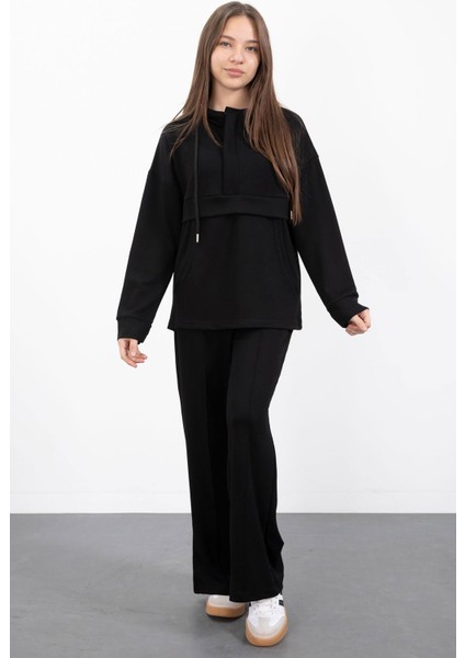 Siyah Yarım Fermuarlı Kapüşonlu Kız Çocuk Geniş Paça Eşofman Takımı 23408 modelleri
