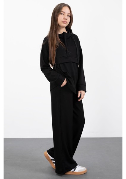 Siyah Yarım Fermuarlı Kapüşonlu Kız Çocuk Geniş Paça Eşofman Takımı 23408 fırsatları
