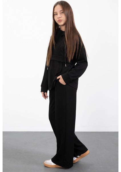 Siyah Yarım Fermuarlı Kapüşonlu Kız Çocuk Geniş Paça Eşofman Takımı 23408 indirimleri