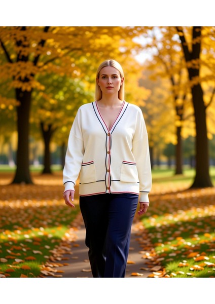 Kadın Çizgili V Yaka Triko Hırka Rahat Kalıbı ve Şık Detayları Ile Gündelik Kombinlerinize Uyum