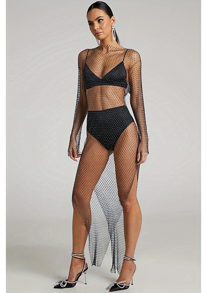 Uzun Kollu Uzun Elbise Kristal File Uzun Kollu Tam Boy Beach Elbise