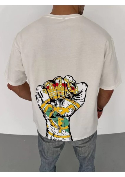 Unisex Bisiklet Yaka Baskılı Oversize T-Shirt - Beyaz modelleri
