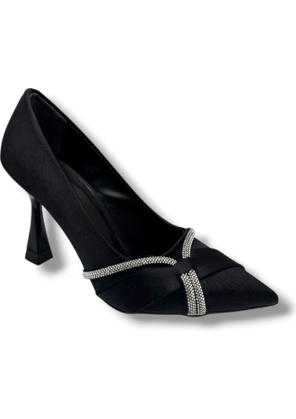 Mengi 679-26 Saten Gümüş Taşlı Ince Topuklu Stiletto Kadın Ayakkabı