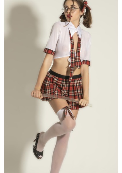 Ekoseli Mini Etekli 3’lü Öğrenci Temalı Kostüm Seti – Şeffaf Üst & Kravat