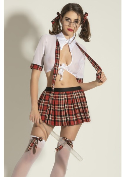 Ekoseli Mini Etekli 3’lü Öğrenci Temalı Kostüm Seti – Şeffaf Üst & Kravat fiyatları