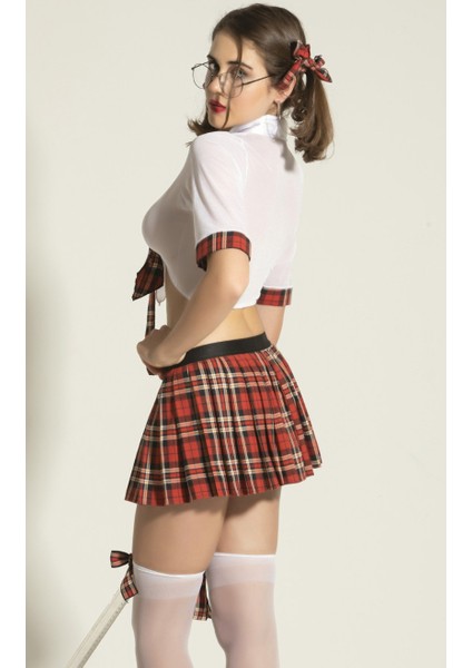 Ekoseli Mini Etekli 3’lü Öğrenci Temalı Kostüm Seti – Şeffaf Üst & Kravat modelleri