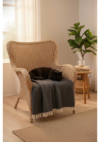 Siyah Doğal Pamuk, Yumuşak Battal Boy Pike, Koltuk Örtüsü, Çok Amaçlı Örtü 240X260 Cm.