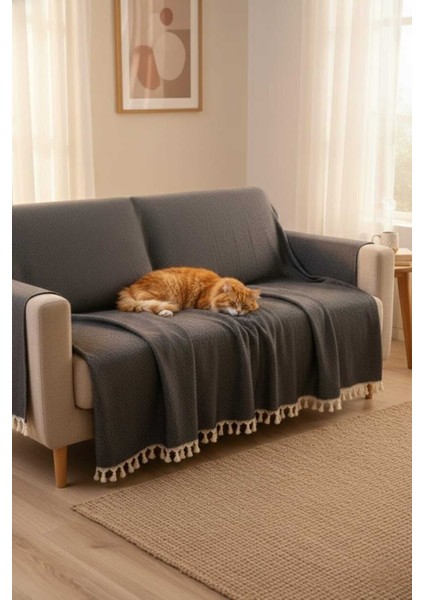 Siyah Doğal Pamuk, Yumuşak Battal Boy Pike, Koltuk Örtüsü, Çok Amaçlı Örtü 240X260 Cm.