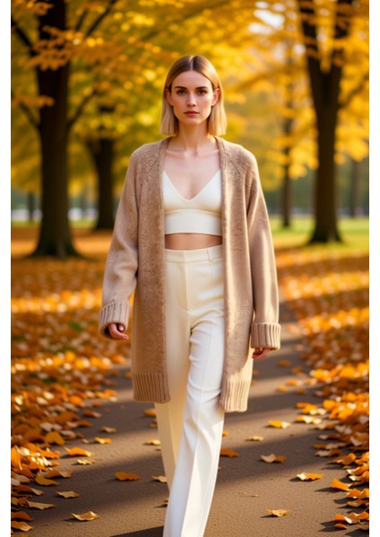 Kadın V Yaka Reglan Kol Uzun Boy Geniş Kalıp Yumuşak Dokulu Düz Desen Rahat Triko Örgü Hırka