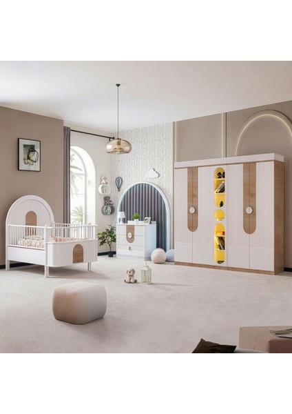 Venüs Çocuk Odası Takımı, Venüs Büyüyen Beşik, Vira 4 Kapaklı Kitaplıklı Dolap, Şifonyer - Ceviz