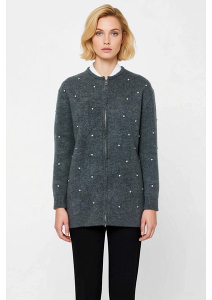 Kadın Fitted Kesim Taş Detaylı Fermuarlı Uzun Kollu Bisiklet Yaka Düz Desen Zarif Triko Hırka fırsatları