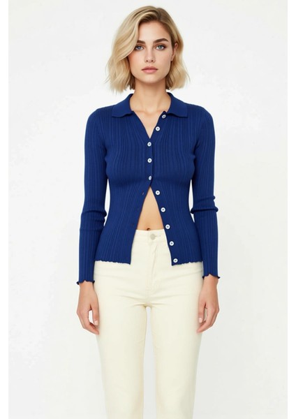 Kadın Merserize Dokulu Fitilli Polo Yaka Düğmeli Uzun Kollu Dar Kesim Şık Günlük Triko Bluz