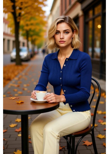 Kadın Merserize Dokulu Fitilli Polo Yaka Düğmeli Uzun Kollu Dar Kesim Şık Günlük Triko Bluz fiyatları