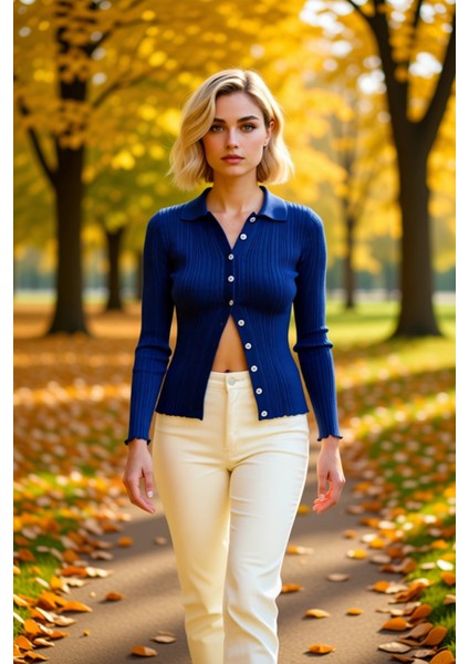 Kadın Merserize Dokulu Fitilli Polo Yaka Düğmeli Uzun Kollu Dar Kesim Şık Günlük Triko Bluz fırsatları