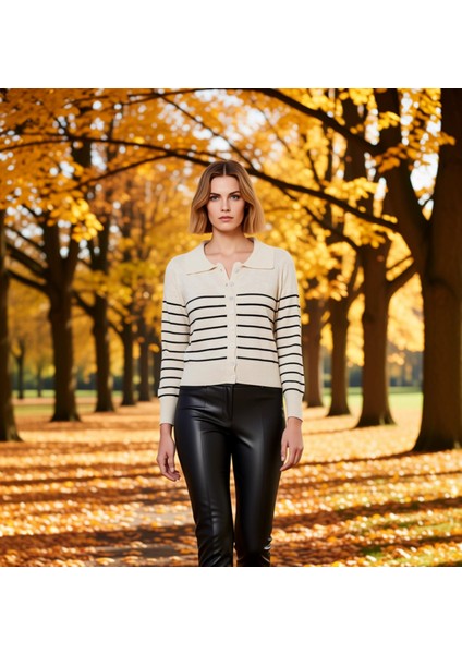 Kadın Çizgili Desenli Polo Yaka Düğmeli Crop Triko Hırka Uzun Kollu Rahat Kalıp Ilkbahar Sonbahar