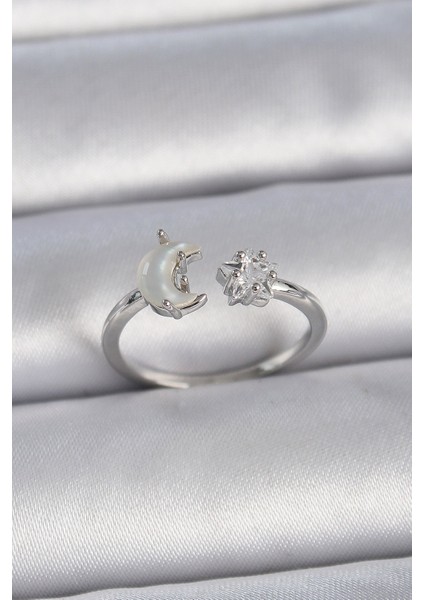 Pirinç Gümüş Renk İncili Hilal Zirkon Taşlı Yıldız Ayarlanabilir Kadın Yüzük - TJ-BYK3361 modelleri