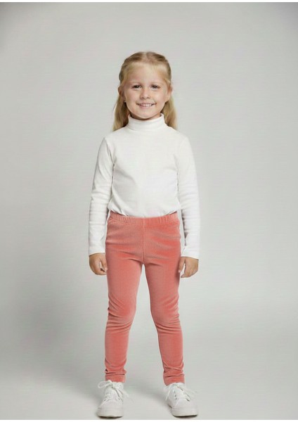 Kız Çocuk Fitilli Kadife Tayt - Somon Rahat Kışlık Esnek Leggings
