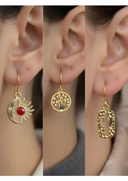 Kaktüs Hayat Ağacı Ay Güneş Sembol Figürlü 3’lü Kadın Küpe Set