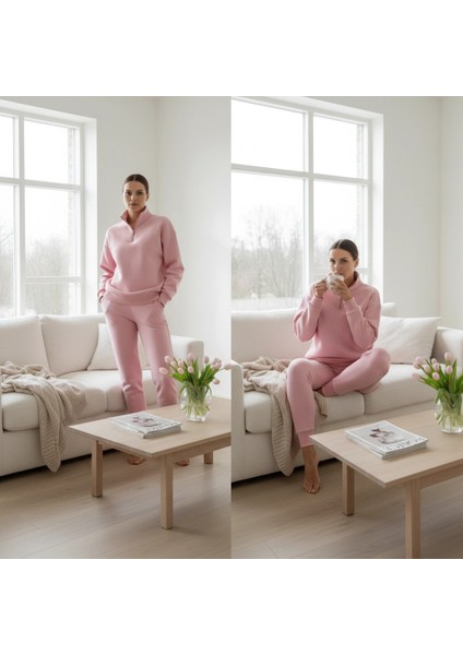 3 Iplik Şardonlu Yarım Fermuarlı Sweatshirt Somon