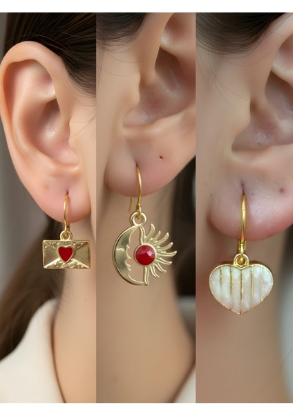 Beyaz Kalp Ay Güneş Kalp Zarf Sembol Figürlü 3’lü Kadın Küpe Set