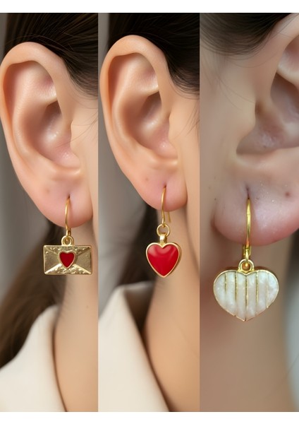 Beyaz Kalp Kırmızı Kalp Kalp Zarf Sembol Figürlü 3’lü Kadın Küpe Set