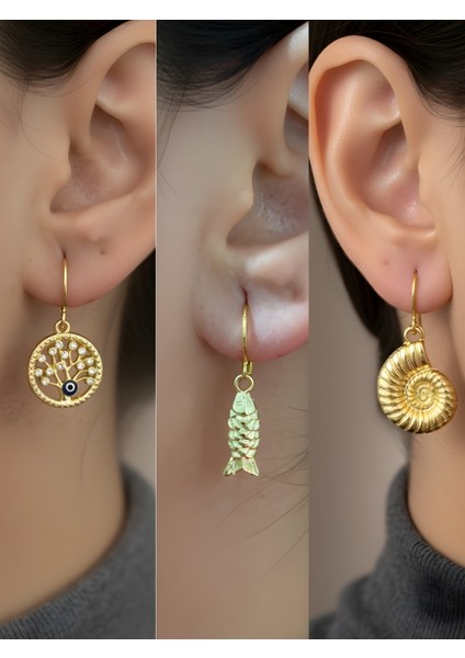 Balık Deniz Kabuğu Hayat Ağacı Sembol Figürlü 3’lü Kadın Küpe Set