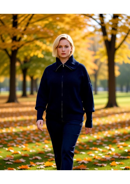 Kadın Rahat Fermuarlı Devrik Yaka Uzun Düşük Kollu Selanik Örgü Kalın Triko Hırka Şık