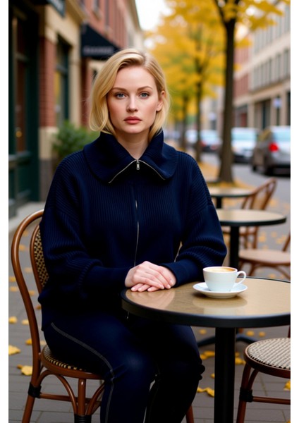 Kadın Rahat Fermuarlı Devrik Yaka Uzun Düşük Kollu Selanik Örgü Kalın Triko Hırka Şık fiyatları