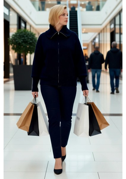 Kadın Rahat Fermuarlı Devrik Yaka Uzun Düşük Kollu Selanik Örgü Kalın Triko Hırka Şık modelleri