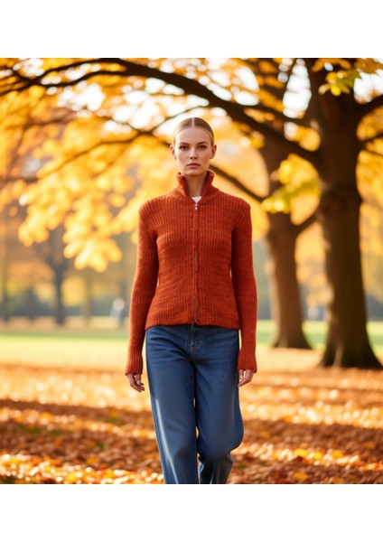 Kadın Gardırop Temelleri Fermuarlı Dik Yaka Yumuşak Dokulu Fit Kesim Uzun Kollu Triko Hırka