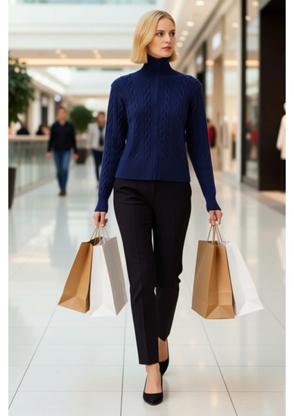 Kadın Gardırop Temel Parçası Saç Örgü Desenli Devrik Yaka Fermuarlı Uzun Kollu Triko Kazak modelleri