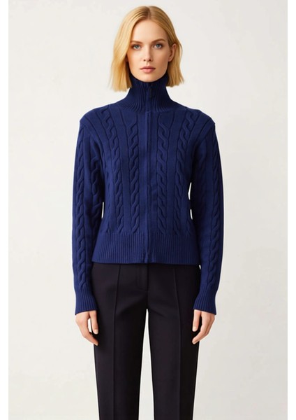 Kadın Gardırop Temel Parçası Saç Örgü Desenli Devrik Yaka Fermuarlı Uzun Kollu Triko Kazak fırsatları