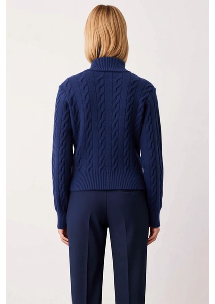 Kadın Gardırop Temel Parçası Saç Örgü Desenli Devrik Yaka Fermuarlı Uzun Kollu Triko Kazak indirimleri