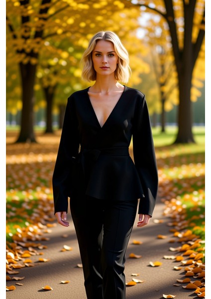 Kadın Kruvaze Bağlama Detaylı Fitilli Triko Bluz Günlük ve Iş Hayatına Uygun Uzun Kollu Üst Giyim