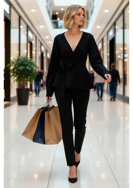 Kadın Kruvaze Bağlama Detaylı Fitilli Triko Bluz Günlük ve Iş Hayatına Uygun Uzun Kollu Üst Giyim modelleri