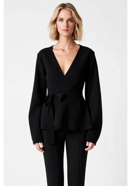 Kadın Kruvaze Bağlama Detaylı Fitilli Triko Bluz Günlük ve Iş Hayatına Uygun Uzun Kollu Üst Giyim fırsatları