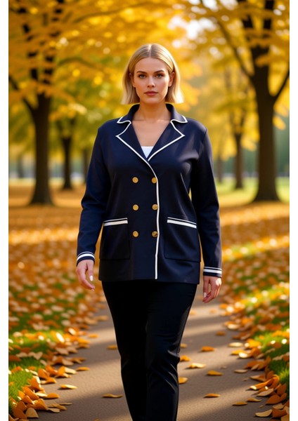 Kadın Çift Düğmeli Triko Blazer Hırka Çizgili Detaylı Ceket Yaka Uzun Kollu Şık Bir Görünüm