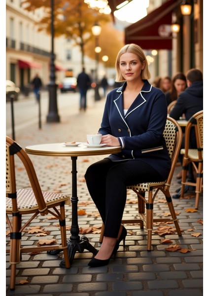 Kadın Çift Düğmeli Triko Blazer Hırka Çizgili Detaylı Ceket Yaka Uzun Kollu Şık Bir Görünüm fiyatları