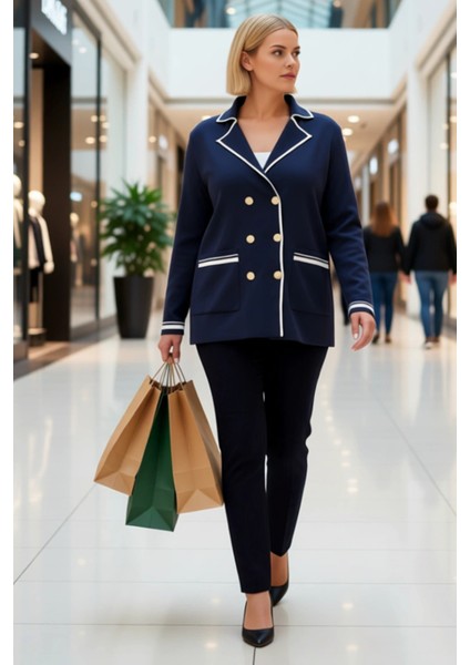 Kadın Çift Düğmeli Triko Blazer Hırka Çizgili Detaylı Ceket Yaka Uzun Kollu Şık Bir Görünüm modelleri