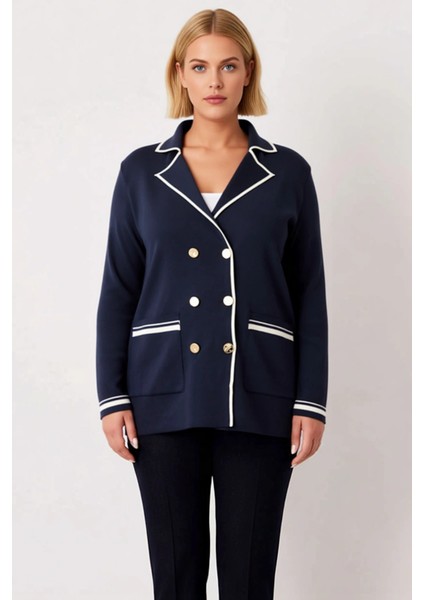 Kadın Çift Düğmeli Triko Blazer Hırka Çizgili Detaylı Ceket Yaka Uzun Kollu Şık Bir Görünüm fırsatları
