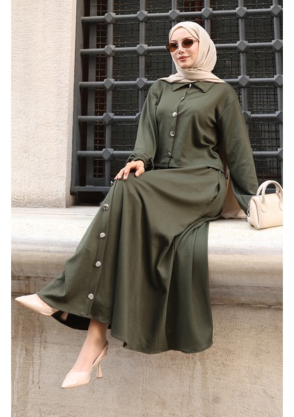 Gömlek Yaka Tesettür Tunik Etek Ikili Takım 0223-03 Haki