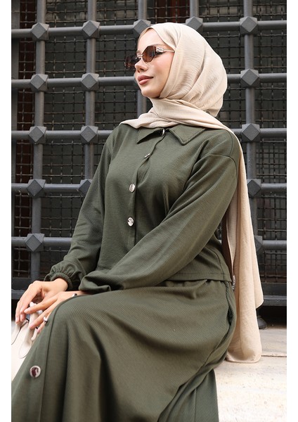 Gömlek Yaka Tesettür Tunik Etek Ikili Takım 0223-03 Haki fırsatları